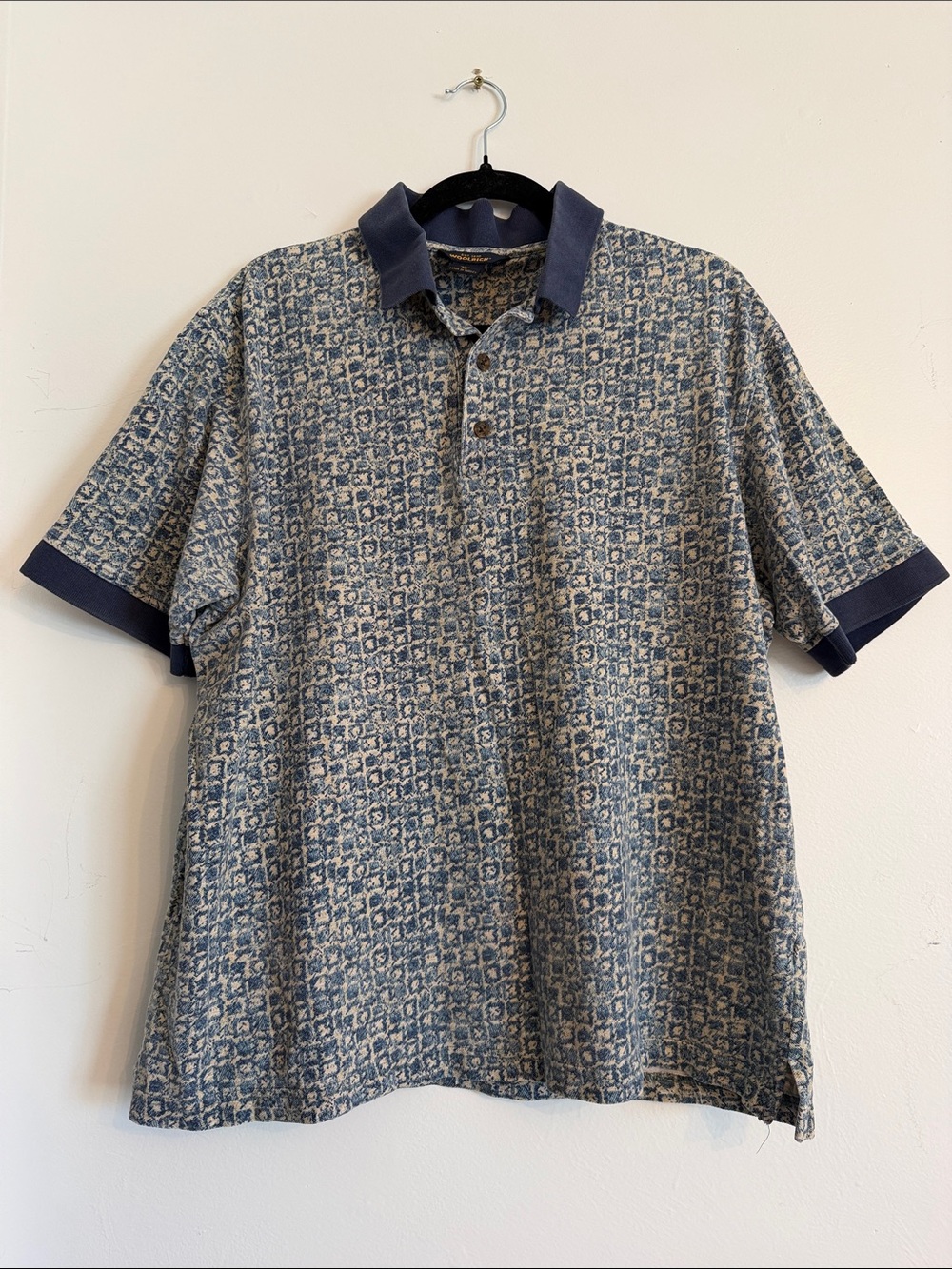 Vintage Woolrich Men's Blue Patterned Polo Shirt XL Cotton Button Up Business